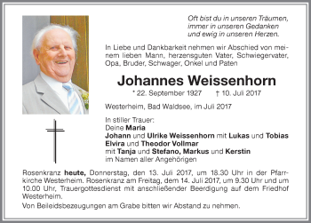 Traueranzeige von Johannes Weissenhorn von Memminger Zeitung