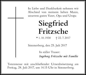 Traueranzeige von Siegfried Fritzsche von Der Westallgäuer