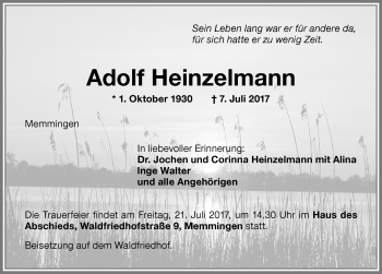 Traueranzeige von Adolf Heinzelmann von Memminger Zeitung