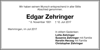 Traueranzeige von Edgar Zehringer von Memminger Zeitung