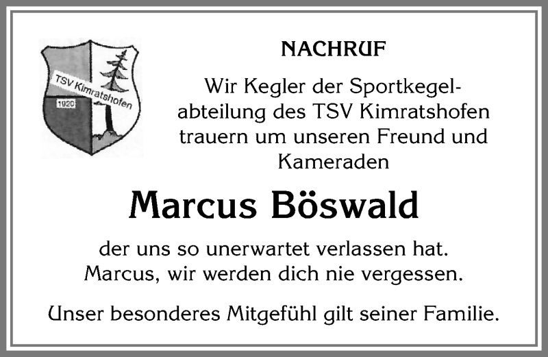  Traueranzeige für Marcus Böswald vom 08.07.2017 aus Allgäuer Zeitung,Kempten