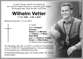 Traueranzeige von Wilhelm Vetter von Memminger Zeitung