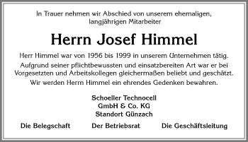 Traueranzeige von Josef Himmel von Allgäuer Zeitung, Marktoberdorf