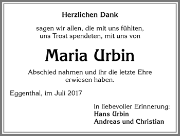 Traueranzeige von Maria Urbin von Allgäuer Zeitung, Kaufbeuren/Buchloe