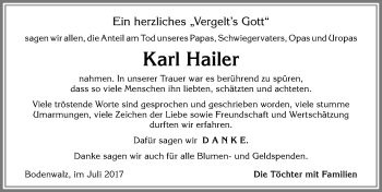 Traueranzeige von Karl Hailer von Allgäuer Zeitung,Kempten