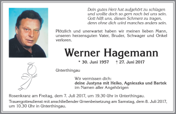 Traueranzeige von Werner Hagemann von Allgäuer Zeitung, Marktoberdorf