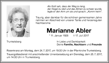 Traueranzeige von Marianne Abler von Memminger Zeitung