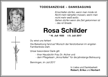 Traueranzeige von Rosa Schilder von Memminger Zeitung