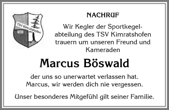 Traueranzeige von Marcus Böswald von Allgäuer Zeitung,Kempten