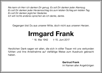 Traueranzeige von Irmgard Frank von Memminger Zeitung