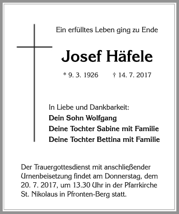 Traueranzeige von Josef Häfele von Allgäuer Zeitung, Füssen
