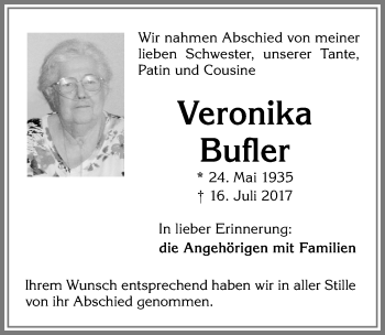 Traueranzeige von Veronika Bufler von Allgäuer Zeitung,Kempten