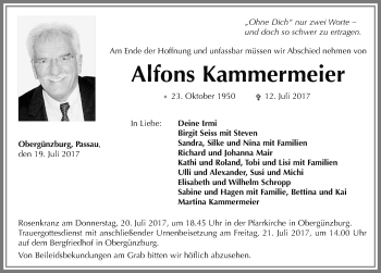 Traueranzeige von Alfons Kammermeier von Allgäuer Zeitung, Marktoberdorf