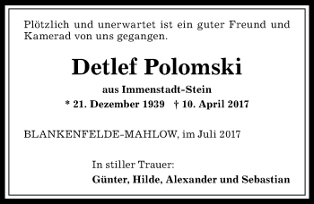 Traueranzeige von Detlef Polomski von Allgäuer Anzeigeblatt