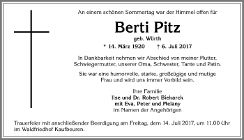Traueranzeige von Berti Pitz von Allgäuer Zeitung, Marktoberdorf