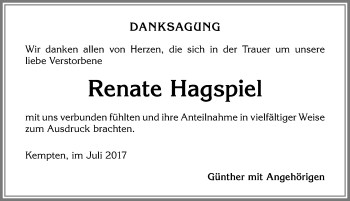 Traueranzeige von Renate Hagspiel von Allgäuer Zeitung,Kempten