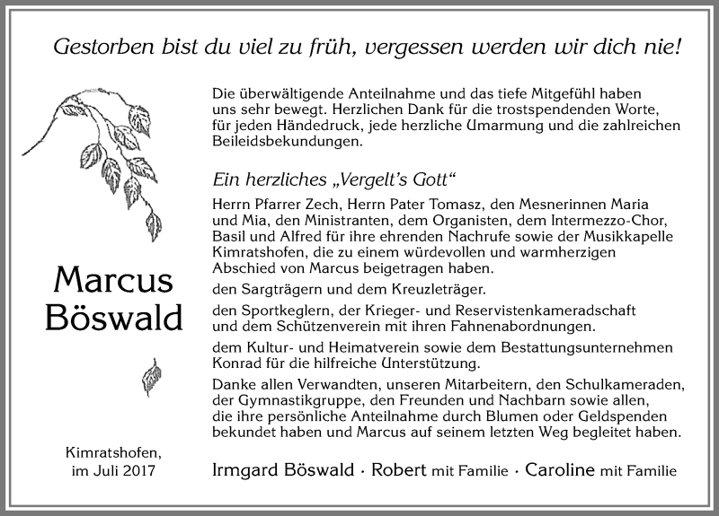  Traueranzeige für Marcus Böswald vom 08.07.2017 aus Allgäuer Zeitung,Kempten