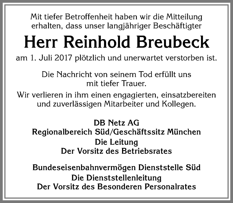  Traueranzeige für Reinhold Breubeck vom 05.07.2017 aus Allgäuer Zeitung, Kaufbeuren/Buchloe