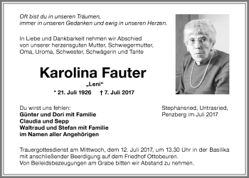 Traueranzeige von Karolina Fauter von Memminger Zeitung