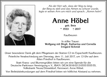 Traueranzeige von Anne Höbel von Allgäuer Zeitung, Kaufbeuren/Buchloe