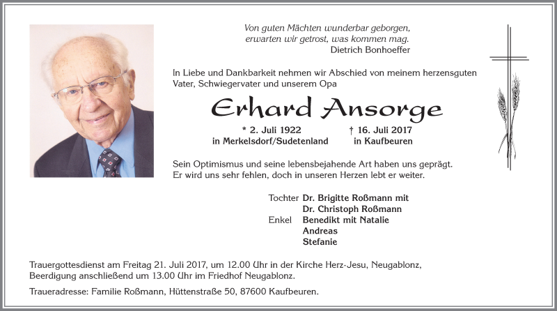  Traueranzeige für Erhard Ansorge vom 19.07.2017 aus Allgäuer Zeitung