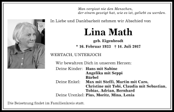 Traueranzeige von Lina Math von Allgäuer Anzeigeblatt