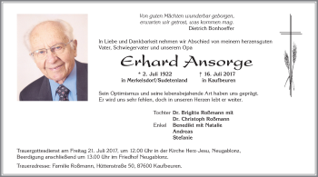 Traueranzeige von Erhard Ansorge von Allgäuer Zeitung