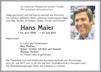 Traueranzeige von Hans Maier von Allgäuer Zeitung,Kempten
