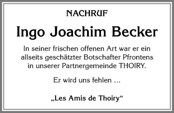 Traueranzeige von Ingo Joachim Becker von Allgäuer Zeitung, Füssen