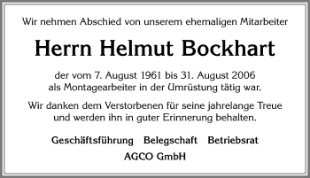 Traueranzeige von Helmut Bockhart von Allgäuer Zeitung, Marktoberdorf