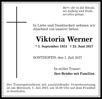Traueranzeige von Viktoria Werner von Allgäuer Anzeigeblatt