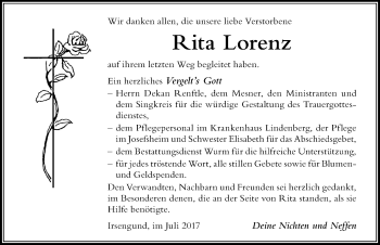 Traueranzeige von Rita Lorenz von Der Westallgäuer