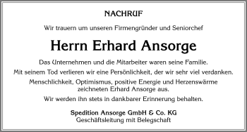 Traueranzeige von Erhard Ansorge von Allgäuer Zeitung