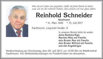 Traueranzeige von Reinhold Schneider von Allgäuer Zeitung