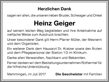 Traueranzeige von Heinz Geiger von Memminger Zeitung