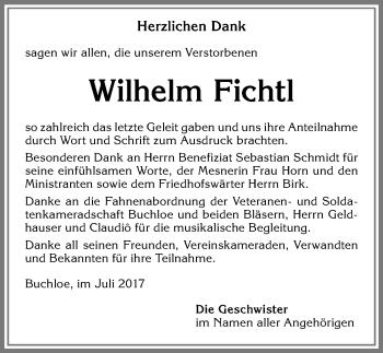Traueranzeige von Wilhelm Fichtl von Allgäuer Zeitung, Kaufbeuren/Buchloe