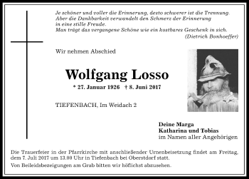 Traueranzeige von Wolfgang Losso von Allgäuer Anzeigeblatt