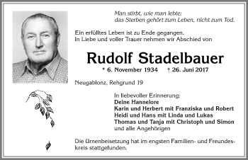 Traueranzeige von Rudolf Stadelbauer von Allgäuer Zeitung, Kaufbeuren/Buchloe