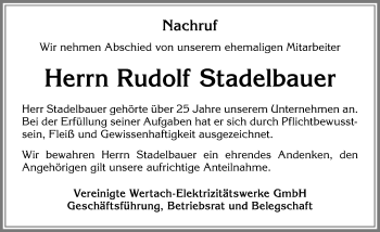 Traueranzeige von Rudolf Stadelbauer von Allgäuer Zeitung, Kaufbeuren/Buchloe