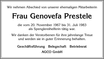 Traueranzeige von Genovefa Prestele von Allgäuer Zeitung, Marktoberdorf