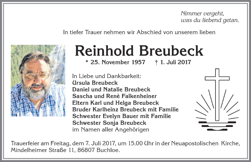  Traueranzeige für Reinhold Breubeck vom 05.07.2017 aus Allgäuer Zeitung, Kaufbeuren/Buchloe