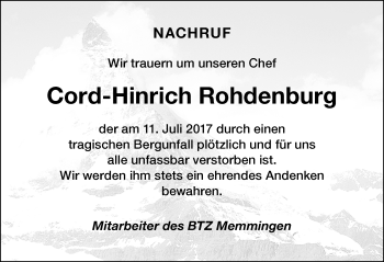 Traueranzeige von Cord-Hinrich Rohdenburg von Memminger Zeitung