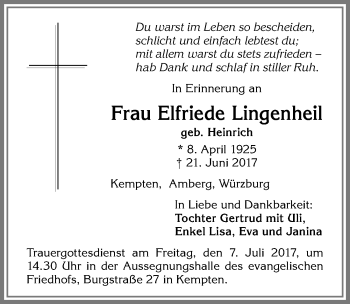 Traueranzeige von Elfriede Lingenheil von Allgäuer Zeitung,Kempten