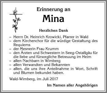 Traueranzeige von Mina  von Allgäuer Zeitung, Marktoberdorf