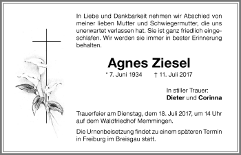 Traueranzeige von Agnes Ziesel von Memminger Zeitung