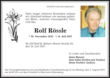 Traueranzeige von Rolf Rössle von Allgäuer Anzeigeblatt