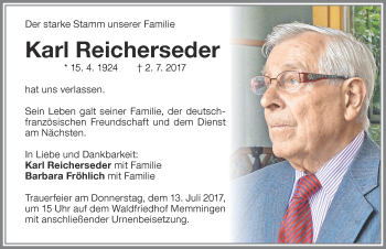 Traueranzeige von Karl Reicherseder von Memminger Zeitung