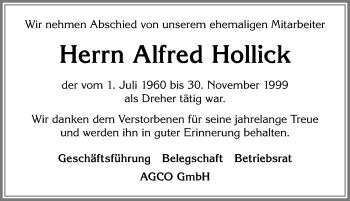 Traueranzeige von Alfred Hollick von Allgäuer Zeitung, Marktoberdorf