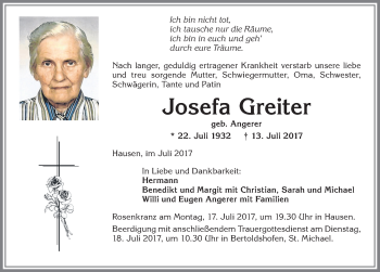 Traueranzeige von Josefa Greiter von Allgäuer Zeitung, Marktoberdorf