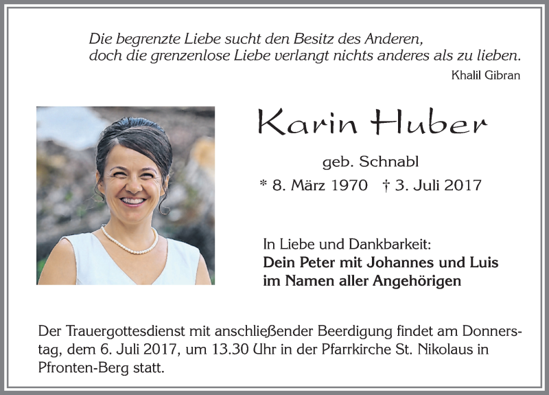  Traueranzeige für Karin Huber vom 05.07.2017 aus Allgäuer Zeitung, Füssen